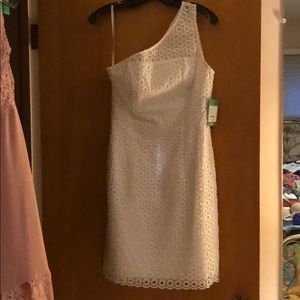 Lilly Pulitzer. One shoulder. White dress.